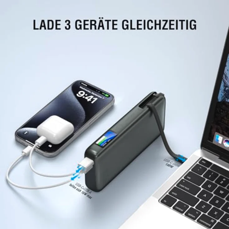 4smarts Powerbank USB-C Kabel 20000mAh, 165W Ladeleistung, integriertes Kabel, grau – Bild 6