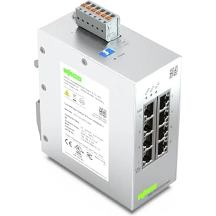 WAGO Industrial-Switch 852-1812 | mit 8 ETHERNET‐Ports 10/100/1000 MBit/s Autonegotiation und Diagnose‐LEDs auf der Vorderseite, unterstützt bis zu 8000 absolute MAC‐Adressen