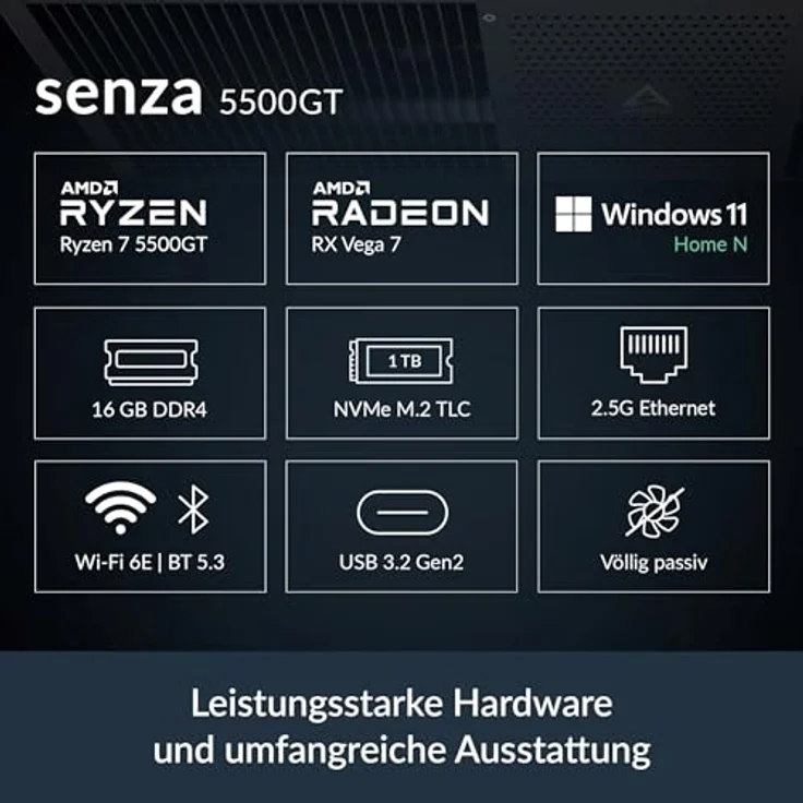 ARCTIC Senza 5500GT, Passiv gekühlter Mini-PC zur Montage unter dem Tisch, AMD Ryzen 5, 16 GB RAM, 1 TB SSD, Windows 11 Home, lautlos, 2.5G LAN, USB3.2, BT 5.3 – Bild 2