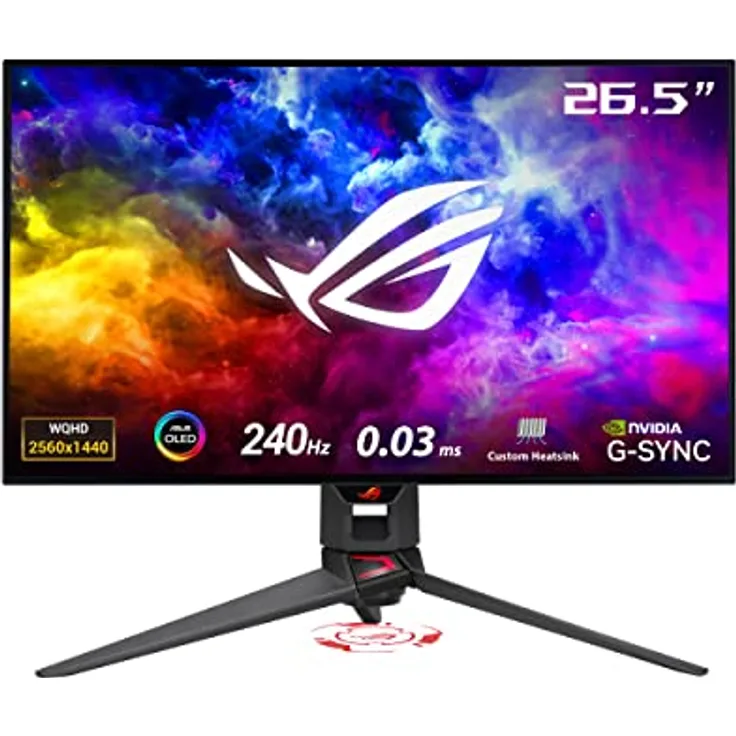 ASUS ROG Swift OLED PG27AQDM | 27 Zoll WQHD Gaming Monitor | 240 Hz, 0.03ms GtG, G-Sync, FreeSync, GameFast Input, HDR 10 | 10-bit OLED Panel, 16:9, 2560x1440, DP 1.4, HDMI, USB-Hub, ergonomisch