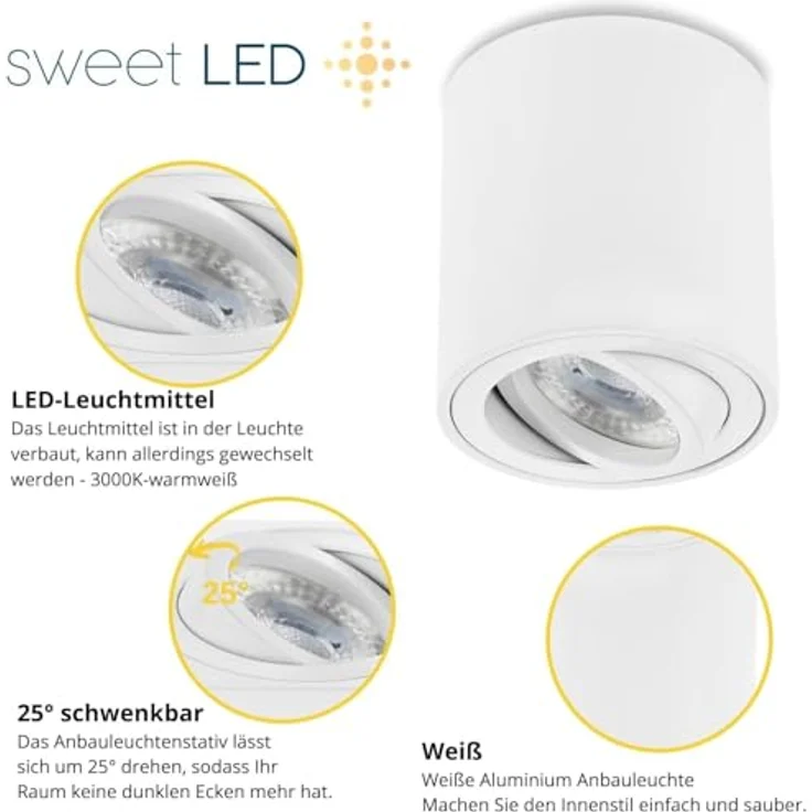 Sweet Led Aufbaustrahler GU10 aus Aluminium - Deckenspots 7W 3000K Strahler warmweiß 230V - Aufbauspot in Rund - Deckenleuchte weiss matt - Aufputz Spot schwenkbar – Bild 3