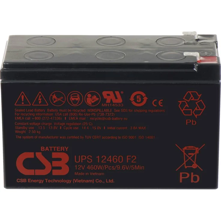 CSB Battery UPS 12460F2, Bleiakku 12V 9.6Ah AGM, optimiert für hohe Effizienz, Flachstecker 6.35mm, 151 x 99 x 65mm