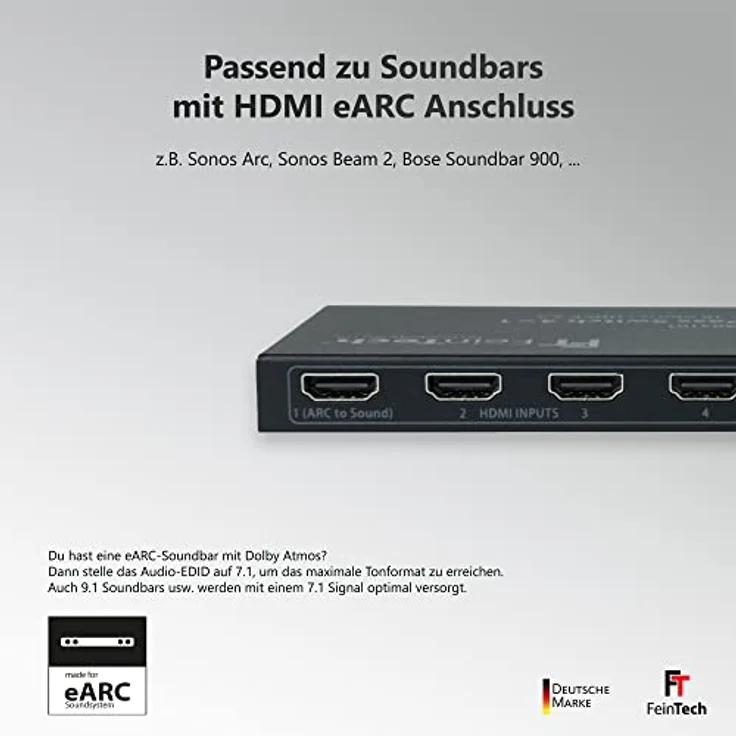 FeinTech VAX04101A HDMI eARC Pass Switch 4x1, für 3 HDMI-Quellen, Soundbar und TV Beamer 4K HDR Dolby Atmos – Bild 3