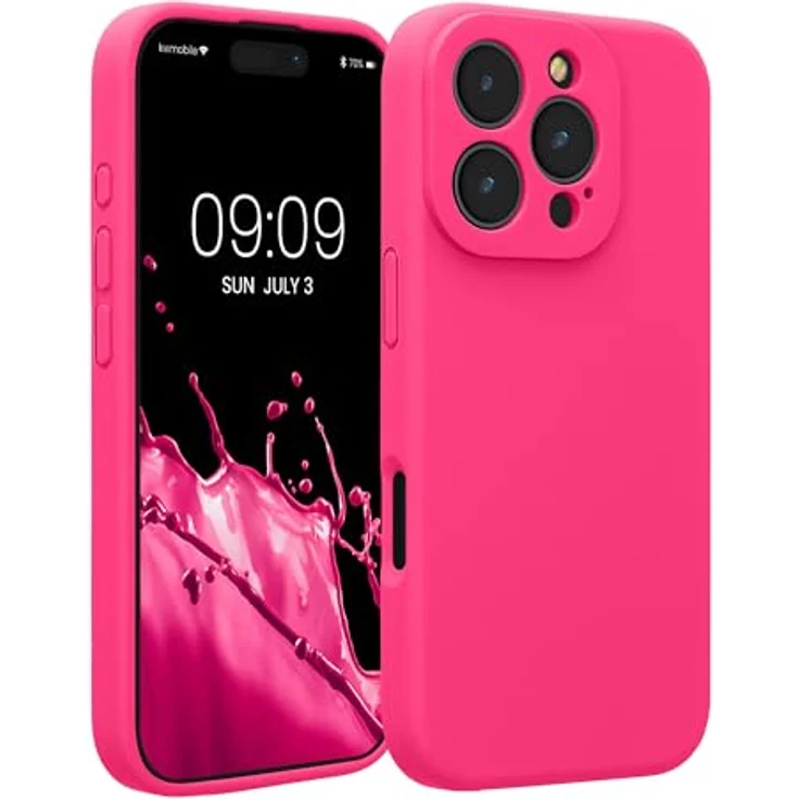 kwmobile Handyhülle kompatibel mit Apple iPhone 16 Pro - gummierte Handy Case aus Silikon in Neon Pink – Bild 1