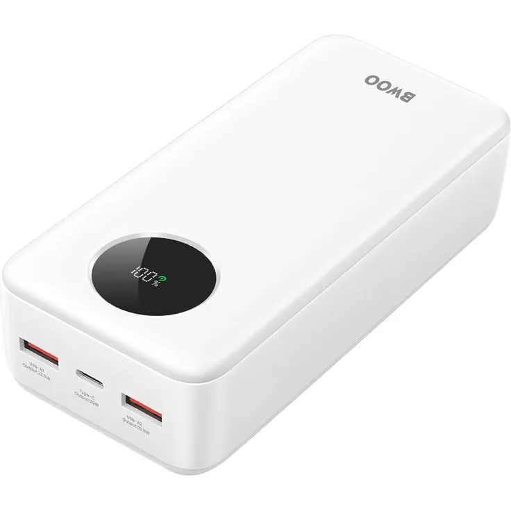 Bwoo Externer Akku 30000mAh, USB-C mit 2xUSB-A, bidirektionales Schnellladen, LCD Display, Weiß