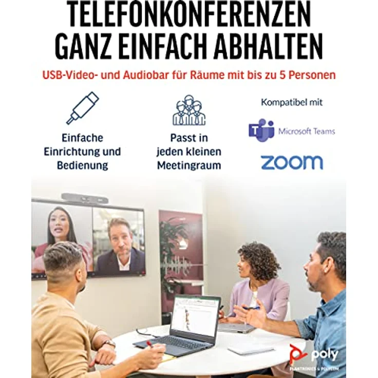 Poly Studio R30 – 4K-Videokonferenzsystem (Plantronics) – Kamera, Mikrofon & Lautsprecher für kleine Räume – Moderatoren-Tracking, NoiseBlockAI, Sprecher-Framing – Plug & Play, Kompatibel: Teams, Zoom – Bild 2