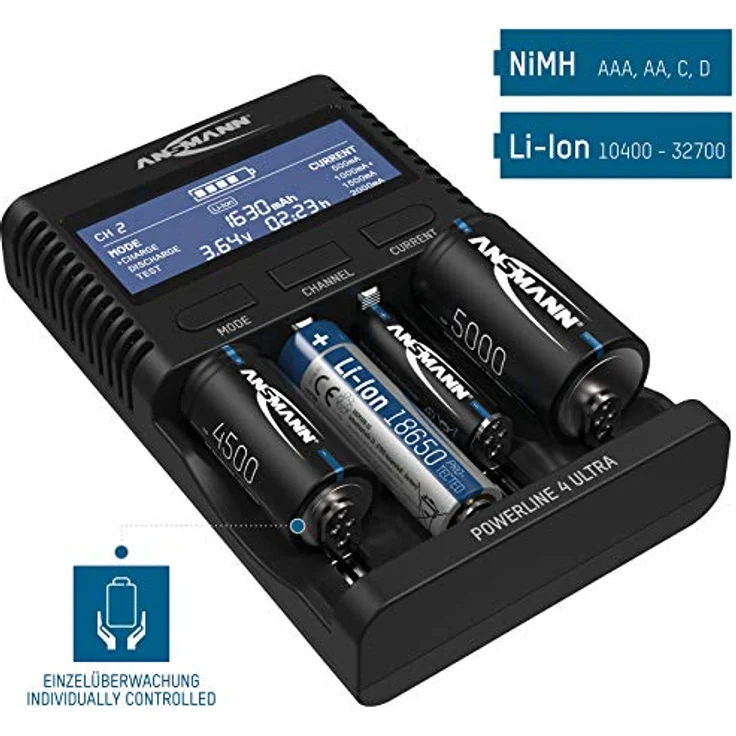 ANSMANN Powerline 4 Ultra Akku-Ladegerät für AA/AAA/C/D NiMH Akkus & Li-Ion Rundzellen 18650/26650 Batterieladegerät mit 4 Ladeprogrammen inkl. 8X NiMH AA2850 Akkus, Schnellladegerät – Bild 4