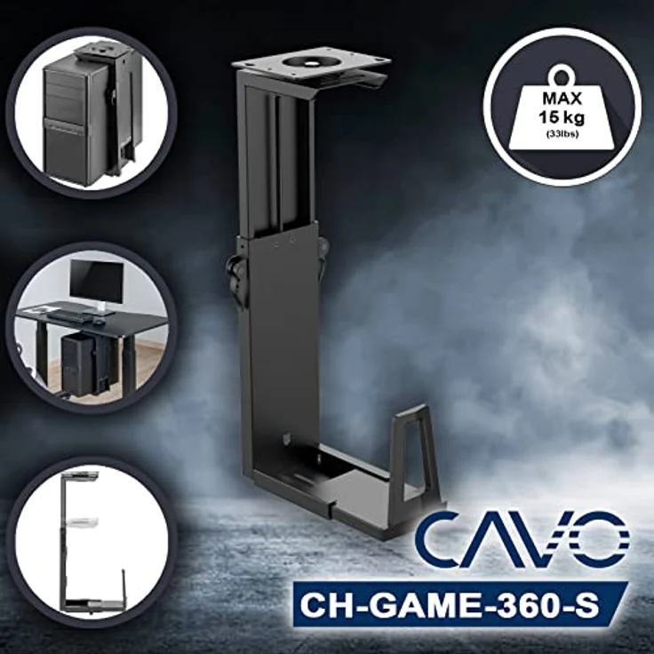 CAVO Desktop PC-Halterung CH-GAME-360-S, 360° drehbar, verstellbar für Computer bis 247 x 550 mm und 15 kg, schwarz, von SOTECH – Bild 2