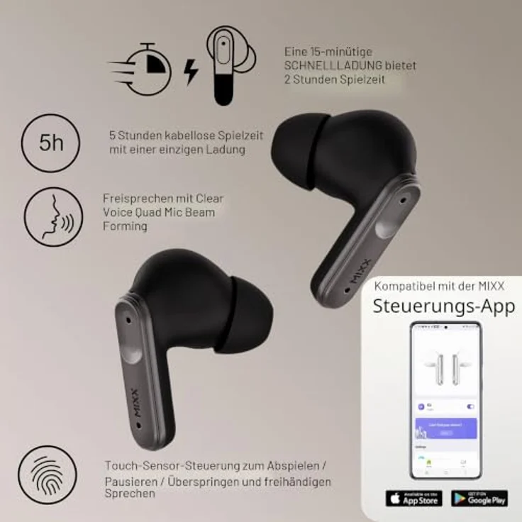Mixx audio Streambuds Custom 3, True Wireless Kopfhörer mit 300 Minuten Akkulaufzeit, Schwarz – Bild 5
