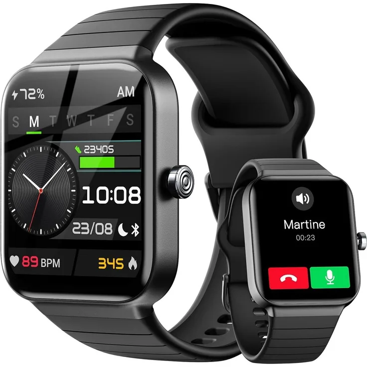 JUNG Fitpolo Smartwatch Fitnessuhr Damen & Herren, Bluetooth, 100+ Trainingsmodi, Android/iOS, Wasserdicht, Schrittzähler - Schwarz
