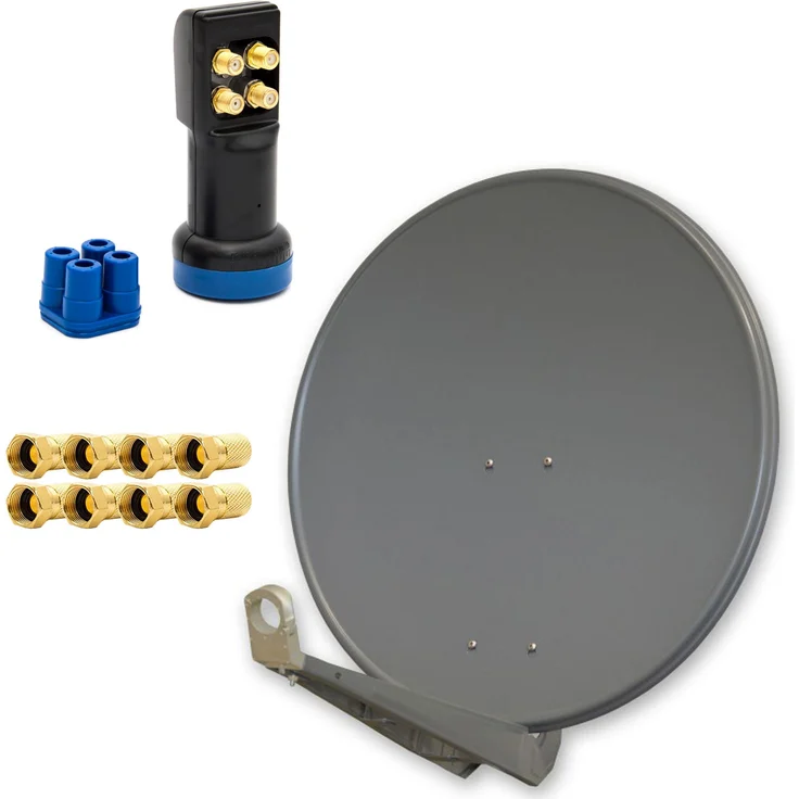 PremiumX DELUXE 85cm Satellitenantenne, Aluminium Anthrazit, für bis zu 4 TV Receiver, mit LED Quad LNB und 8x F-Stecker
