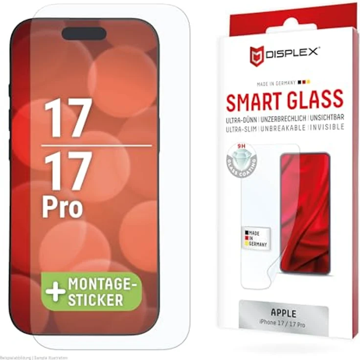 Displex Smart Glass (9H) Displayschutzfolie für iPhone 17/17 Pro, unzerbrechlich, blasenfreie Montage, kratzfest, ultra-dünn, Anti-Fingerprint Coating – Bild 1