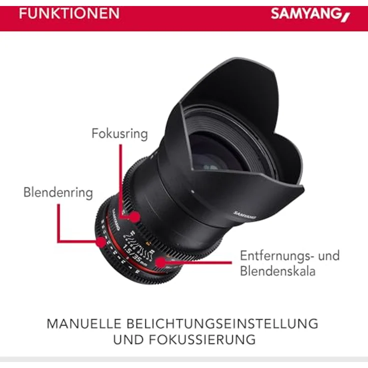 Samyang 35-1,5 Objektiv Video DSLR II Canon EF manueller Fokus Videoobjektiv 0,8 Zahnkranz Gear, Weitwinkelobjektiv schwarz – Bild 4
