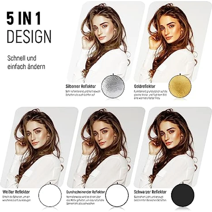 Neewer 110 cm 5-in-1 Faltbare Reflektoren Set mit Tasche - gold/silber/weiß/schwarz/transparent - Preisvergleich – Bild 2