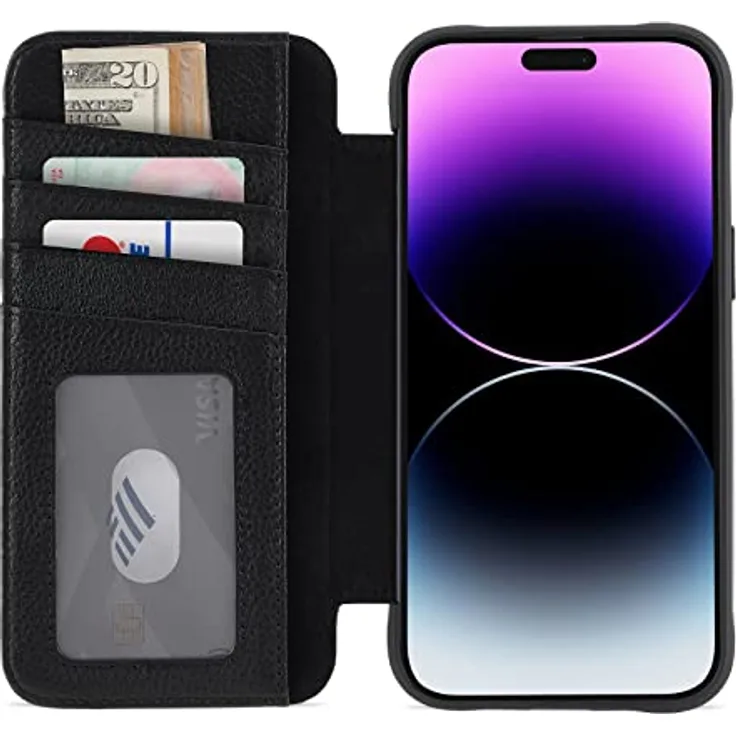 Case-Mate Wallet Echtleder Bookcase kompatibel mit Apple iPhone 14 Pro Hülle Leder [3 m Fallschutz | Integrierter Magnet-Ring inkl. Geld- und Kartenfächer | Handgefertigtes Leder] - Schwarz