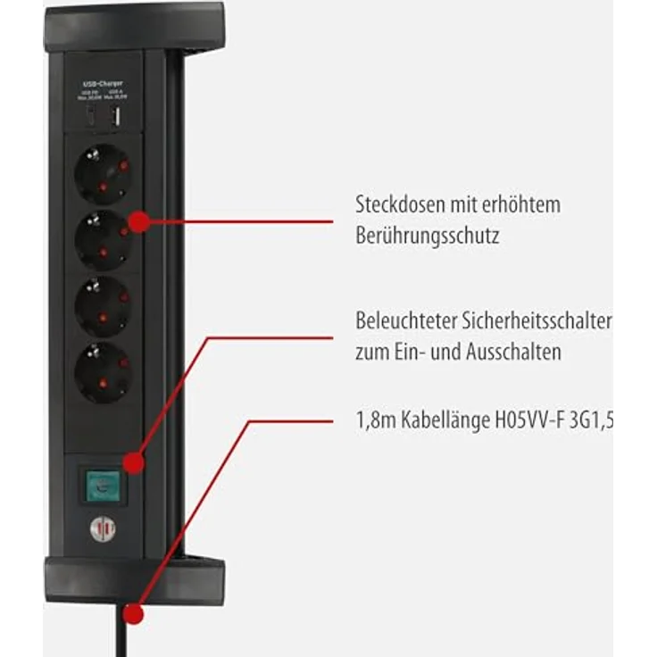 Brennenstuhl Premium Office-Line Steckdosenleiste 4-Fach mit USB C PD 30W und USB A 18W (Made in Germany, Mehrfachsteckdose mit 1,8m Kabel und Schalter, Steckerleiste für den Schreibtisch) in schwarz – Bild 3