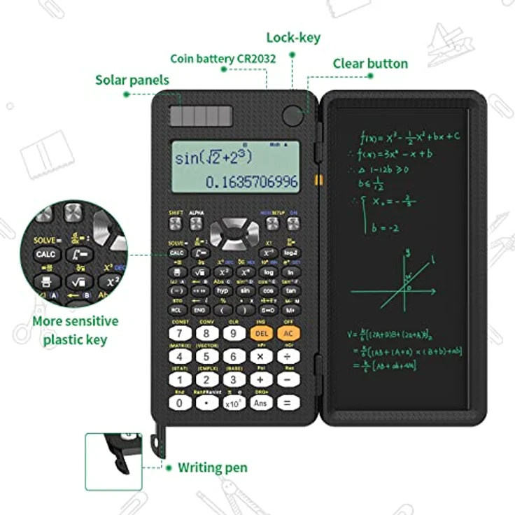 NEWYES Scientific Taschenrechner 417 Funktionen Engineering Calculator mit Schreibtafel und Stift für Studenten, Lehrer, Ingenieure, Solar und Batterie Dual Stromversorgung – Bild 4