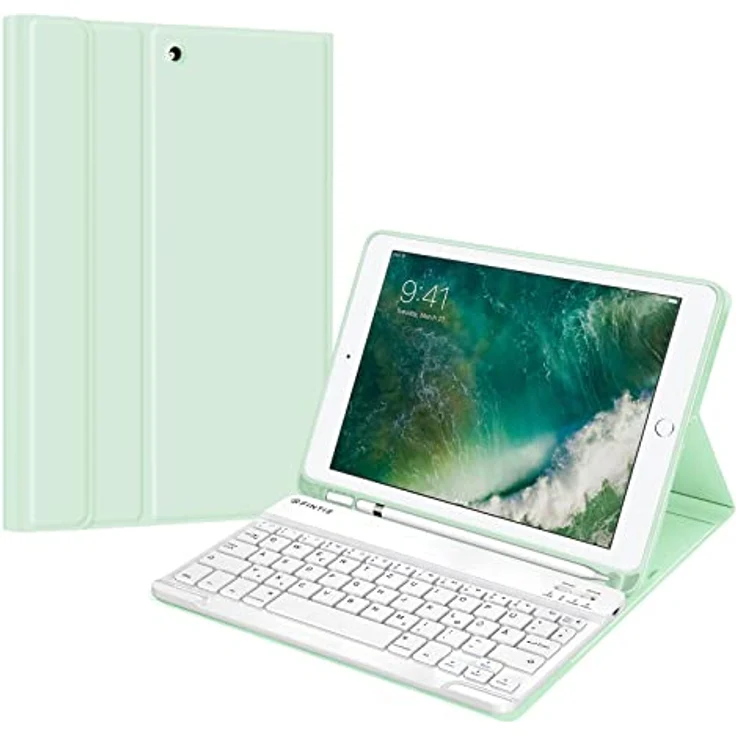 Fintie Tastatur Hülle für iPad 9.7 2018 (6. Generation), Soft TPU Rückseite Gehäuse Keyboard Case mit eingebautem Pencil Halter, magnetisch Abnehmbarer QWERTZ Bluetooth Tastatur, Grün – Bild 1