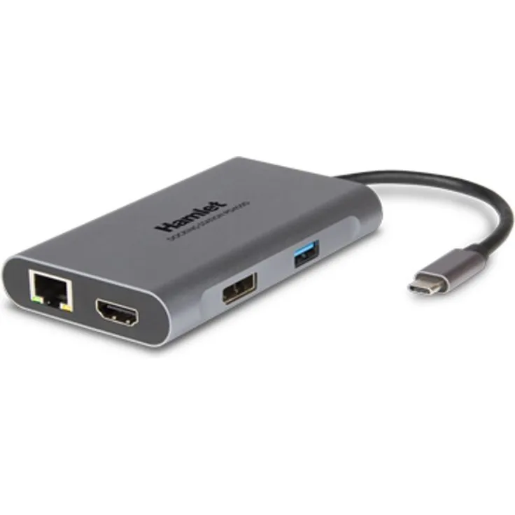 Hamlet HDKC-PD400D Laptop-Dockingstation & Portreplikator, Kabelgebunden USB 3.2 Gen 1 Type-C, Graue Ausführung mit 85W Ladefunktion und RJ45 Anschluss