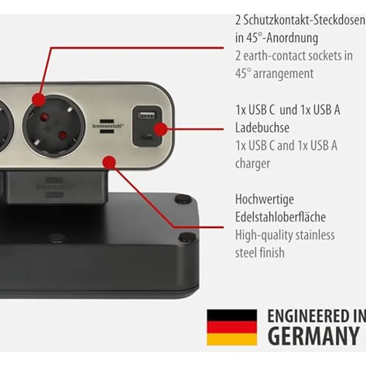 Brennenstuhl estilo Duplex Tischsteckdosenleiste mit Schalter und Überspannungsschutz (USB C Power Delivery, 9x Schutzkontakt-Steckdosen, 2m) silber/schwarz – Bild 2