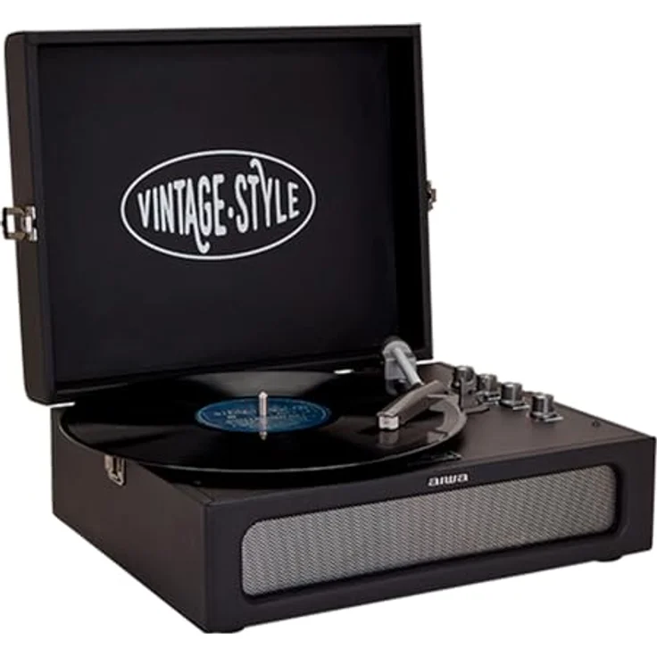 Aiwa VPX-1971/BK Vintage-Plattenspieler im Kunstlederkoffer mit Bluetooth 5.0, MP3-Player und USB-Recorder, Schwarz – Bild 2