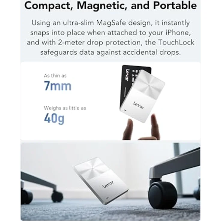 Lexar TouchLock Tragbare SSD 1TB, Externe USB 3.2 Gen2 SSD mit One-Touch-NFC-Verschlüsselung, Magnetisch, Fallschutz bis 2m, kompatibel mit iPhone 17/16, Tablet und PC – Bild 4