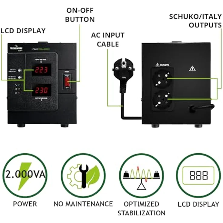 Tecnoware Power Reg 2000VA, Spannungsregler mit 2 AC-Ausgängen und LCD-Display, schwarz – Bild 2