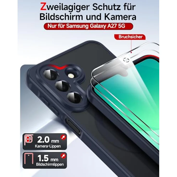 LeYi Magnetische Handyhülle für Samsung Galaxy A27 5G, Militärschutz mit 2 Stück Schutzfolie, Mattes Durchscheinendes Case Cover, Blau – Bild 4