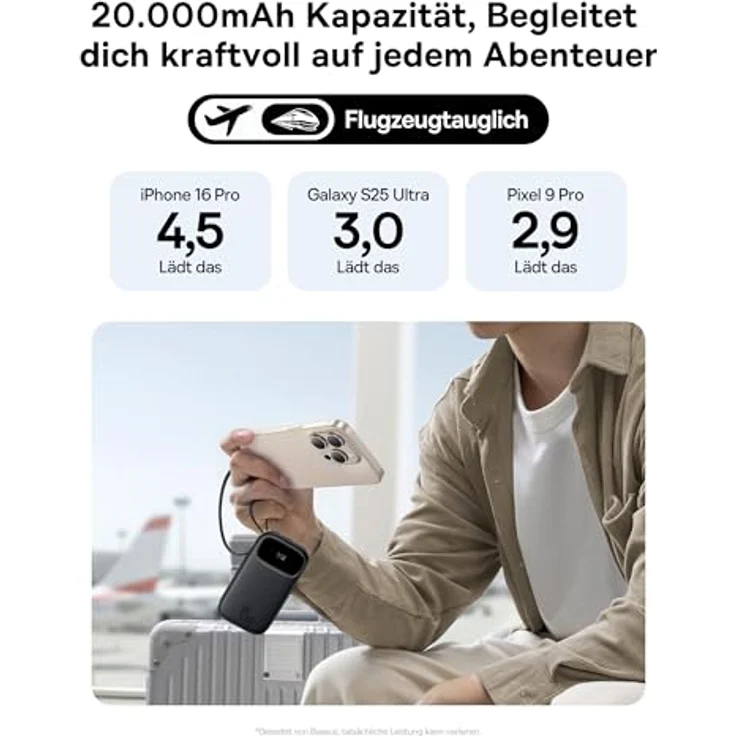Baseus QPow3 Powerbank 45W 20000mAh mit 2 integrierten USB-C Kabeln, PD3.0 QC4.0, 4 Anschlüsse, LED Display, schwarz – Bild 3