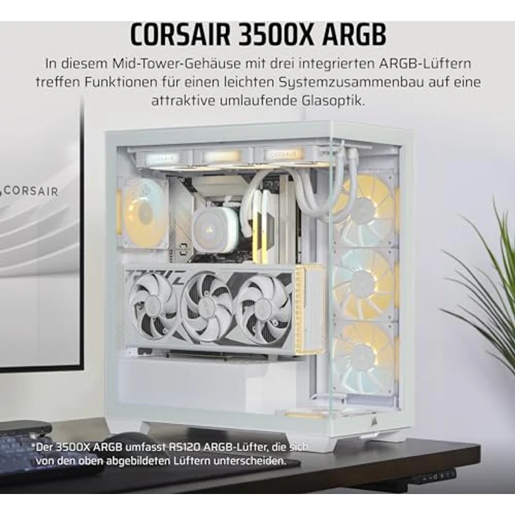 CORSAIR 3500X ARGB Mid-Tower ATX PC-Gehäuse - Gehärtetes Panorama-Glas - Umgekehrte Verbindung Motherboard-Kompatibel - 3X CORSAIR RS120 ARGB-Lüfter Enthalten - Weiß – Bild 2