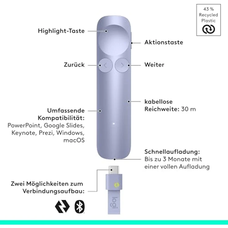 LOGITECH Spotlight 2 Presenter, Lilac – mit haptischem Feedback, digitalen Highlight-Effekten und anpassbaren Aktionen für Präsentationen in PowerPoint, Google Slides, Keynote, Zoom und Teams – Bild 2