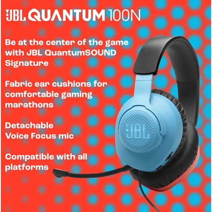 JBL Quantum 100N, kabelgebundenes Over-Ear-Gaming-Headset mit abnehmbarem Mikrofon, JBL QuantumSOUND Signature und Memory Foam, Multi-Plattform-Kompatibilität und Windows Sonic Spatial Sound, Blau/Rot – Bild 2