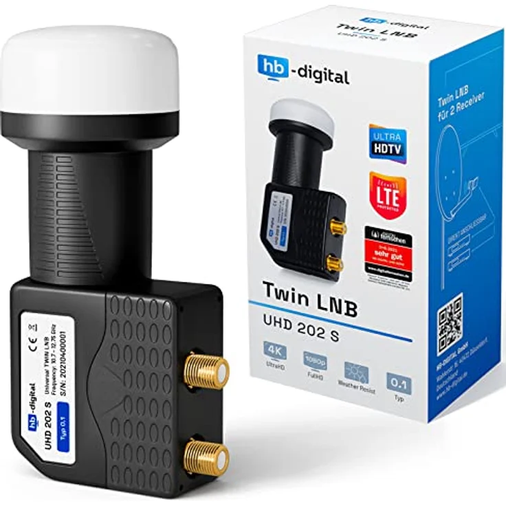 HB-DIGITAL Twin LNB (Test SEHR GUT *) 2 Teilnehmer Direkt LTE Protected Satelliten Digital Sat Full HD TV 3D 4K UHD Kontakte vergoldet Wetterschutz Schwarz – Bild 1