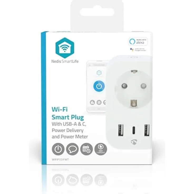 Nedis SmartLife Smart Stecker, Wi-Fi Leistungsmesser 3680 W Type F (CEE 7/7) mit 1x USB-C™ und 2x USB-A, Sprachsteuerung kompatibel mit Google Assistant und Amazon Alexa – Bild 2