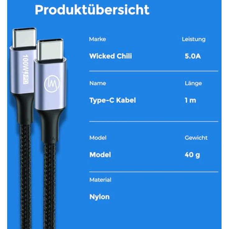 Wicked Chili 5x Dual USB-C Kabel 100W, 1m schwarz, 4K@60Hz, 10 Gbps Datentransfer, kompatibel mit iPhone, MacBook und Samsung – Bild 3