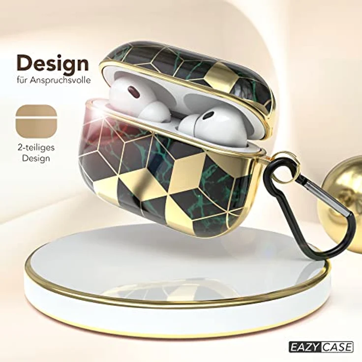 EAZY CASE Schutzhülle für AirPods Pro 2 Hülle Grün Hard Case Stoßfest mit Karabiner Antikratz Etui rutschfest Hardcase für Airpod Pro 2. Generation in Gold Grün Marmor. – Bild 2
