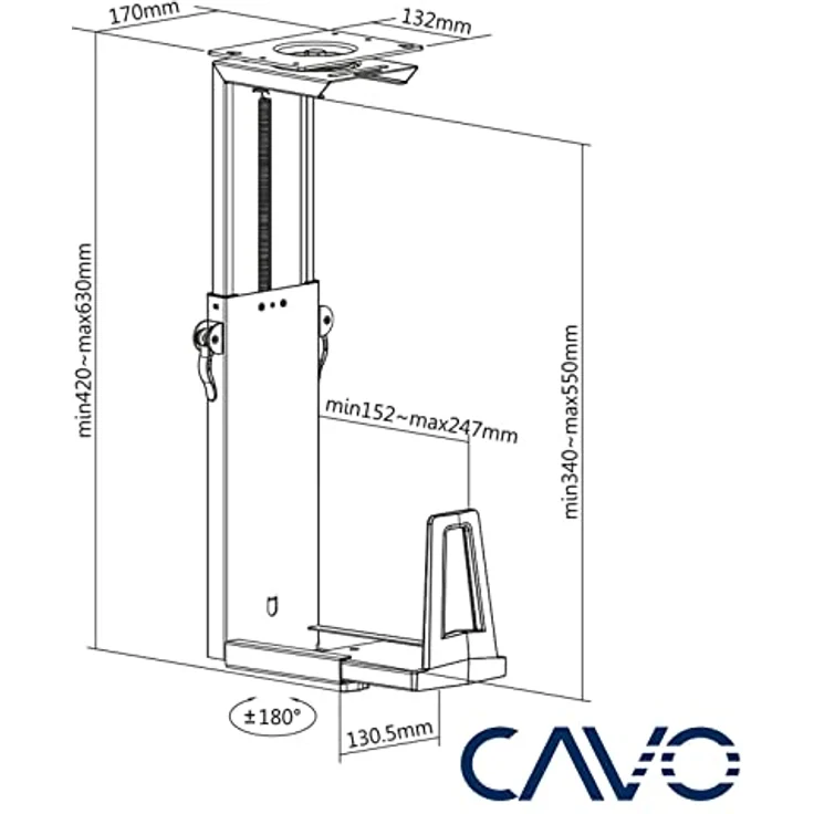 CAVO CH-GAME-360-W Desktop PC-Halterung, 360° drehbar, weiß, verstellbar für Computer bis 247 x 550 mm und 15 kg, von SOTECH – Bild 5