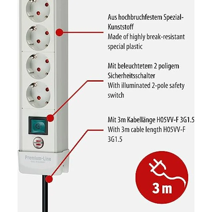 Brennenstuhl Premium-Line, Steckdosenleiste 10-fach (Steckerleiste mit Schalter und 3m Kabel- 45° Winkel der Schutzkontakt-Steckdosen, Made in Germany) grau – Bild 3