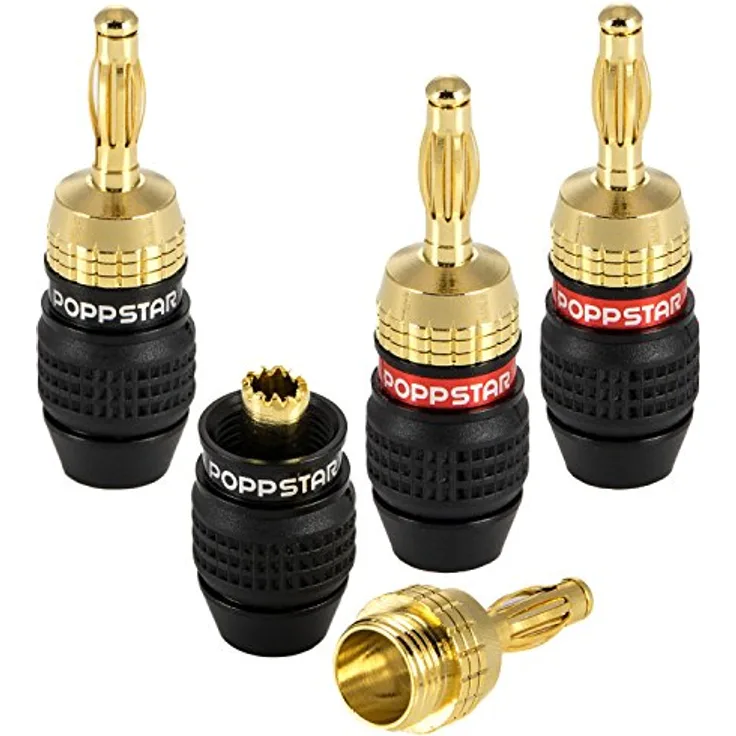 Poppstar 4x High End Bananenstecker (geschirmt), Bananas für Lautsprecherkabel (bis 6 mm²), Lautsprecher, AV Receiver, 24k vergoldet (2x schwarz, 2x rot)