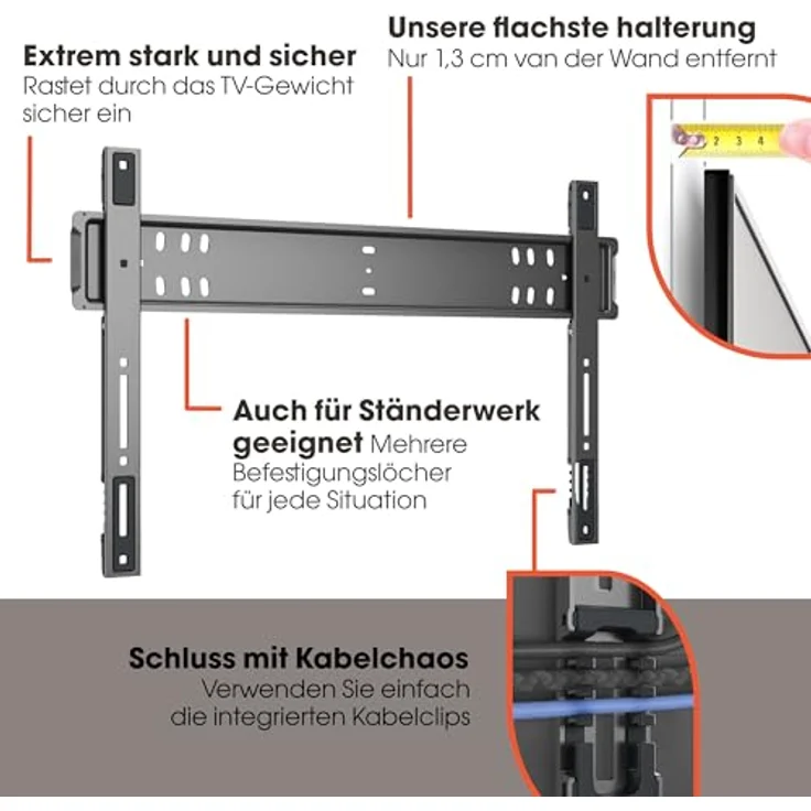 Vogel's TVM 5705, Ultraflache TV-Wandhalterung mit GuidanceSystem™ für 40–110 Zoll TVs, max. 100 kg, TÜV-geprüft, VESA 600x400, Wandabstand 1,3 cm – Bild 4