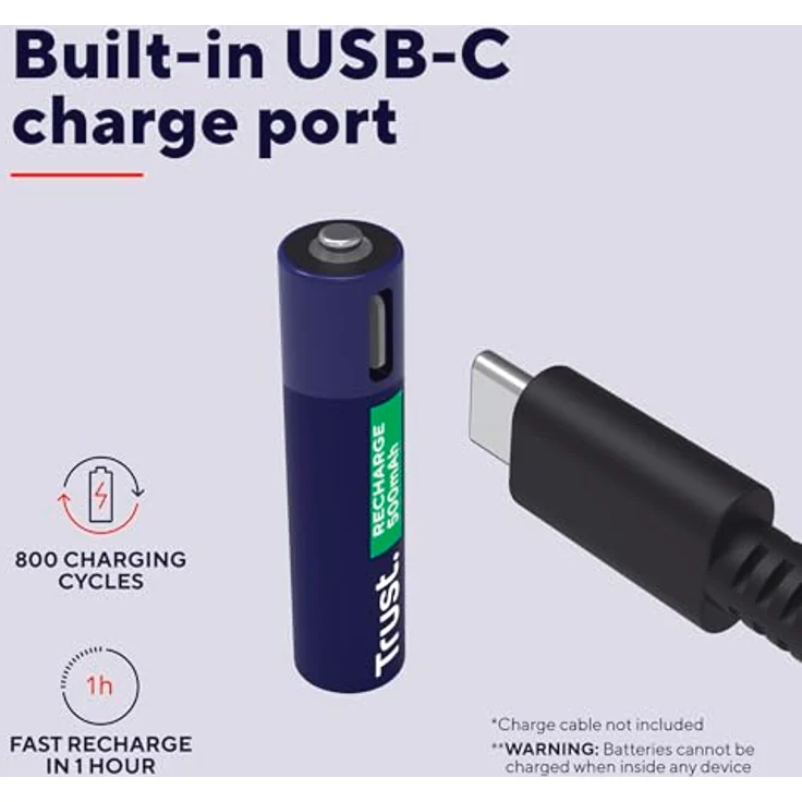 Trust USB-C Wiederaufladbare Batterien AAA 2 Stück, Akku mit 500 mAh Kapazität und schneller Ladefunktion – Bild 3