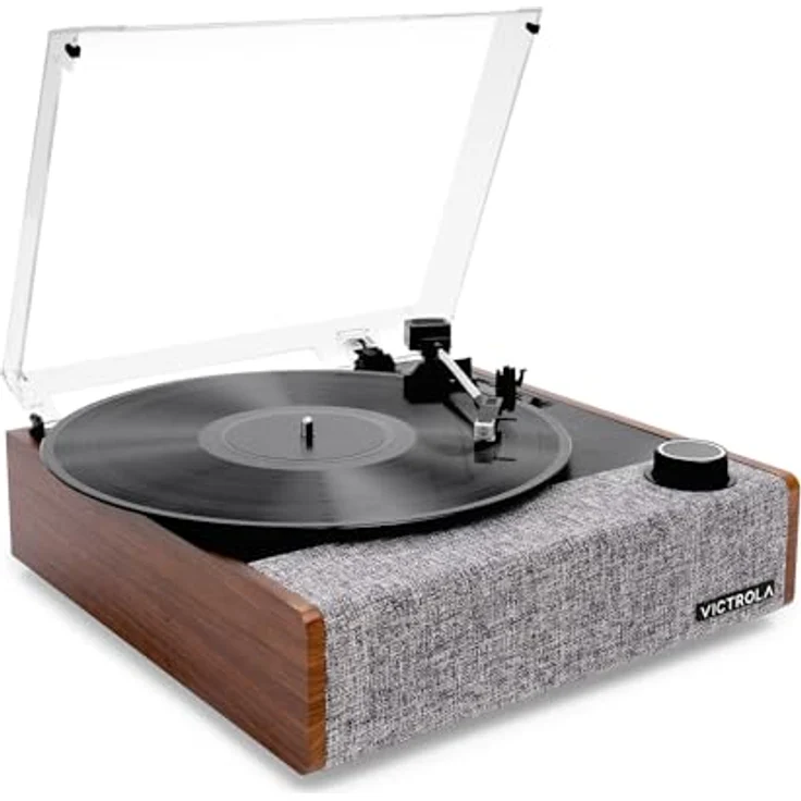 Victrola Eastwood II, halbautomatischer Plattenspieler mit Bluetooth, in Braun, inklusive Staubschutzdeckel – Bild 1
