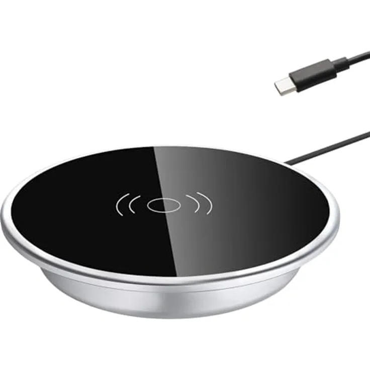 kalb 15W Induktives Einbau Wireless Charger mit USB-C, Ø 60mm, Schwarz/Silber, Schnellladestation für Smartphones und Geräte bis 8mm Schutzhülle