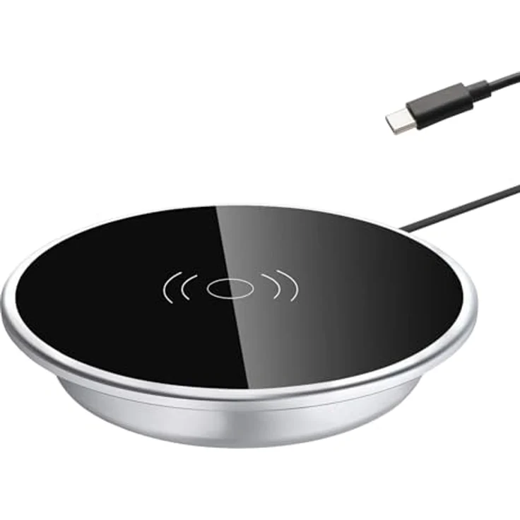 kalb 15W Induktives Einbau Wireless Charger mit USB-C, Ø 60mm, Schwarz/Silber, Schnellladestation für Smartphones und Geräte bis 8mm Schutzhülle – Bild 1