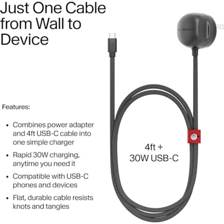 TwelveSouth PowerCord Ladegerät mit 30 W PD 3.0, 1.2m USB-C Kabel, flaches und strapazierfähiges Design – Bild 2