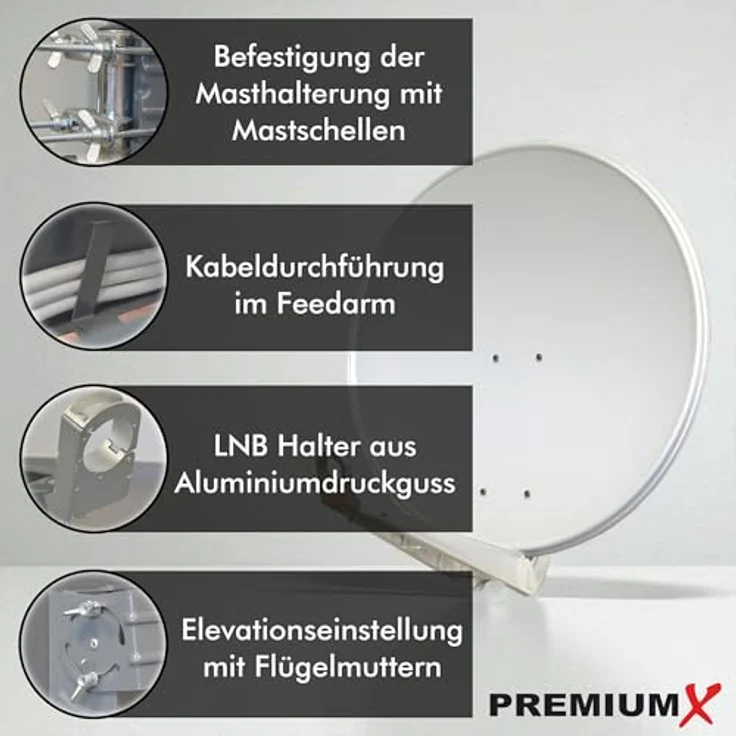 PremiumX DELUXE85 Satellitenantenne 85 cm, Aluminium, hellgrau, hoher Gewinn von 39,5 dB, ideal für schwache Signale – Bild 3
