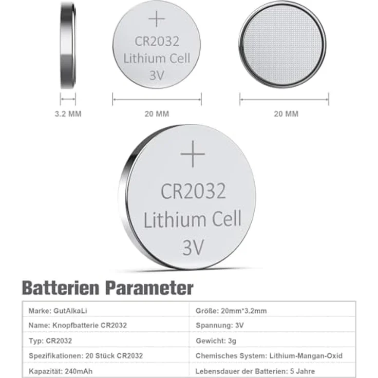 GutAlkaLi CR2032 Lithium Knopfzellen, 20 Stück 3V Hochkapazität 240 mAh für Uhren und Elektronik – Bild 2