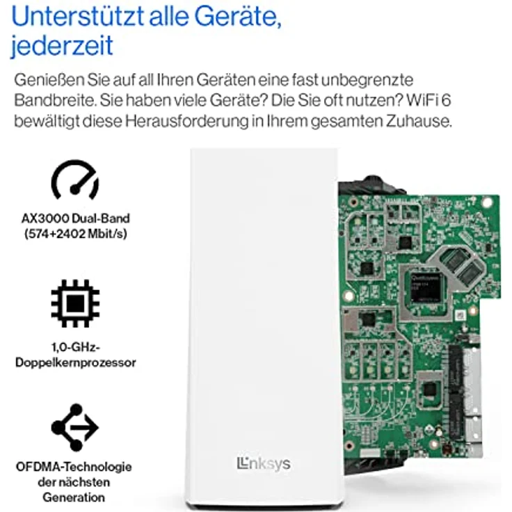 Linksys Atlas 6 Mesh-WiFi 6-System – Dual-Band AX3000 WLAN Router Extender mit 4-mal höherer Geschwindigkeit bis zu 3,0 Gbit/s – mehr als 75 Geräte und 558 m² Funkabdeckung – 3er-Pack, Weiß – Bild 4