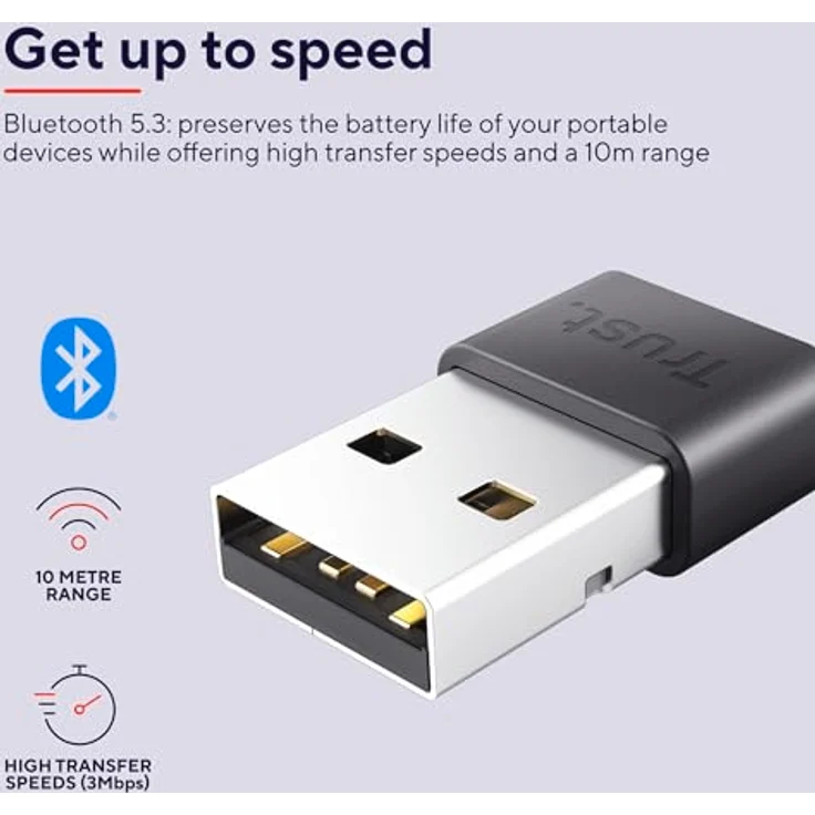 Trust Myna Bluetooth Adapter 5.3, USB Adapter mit 3 Mbit/s Übertragungsgeschwindigkeit, 10 m Funkreichweite, USB Dongle Bluetooth Empfänger für PC, Laptop, Computer, Desktop, Windows - Schwarz – Bild 3