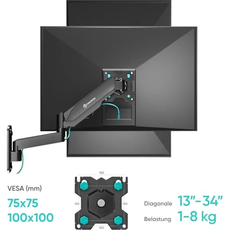 ONKRON Monitor Halterung, Wandhalterung drehbar, schwenkbar, neigbar für 13-34 Zoll Bildschirme, VESA 75x75/100x100, Einarm, Schwarz G150 – Bild 5